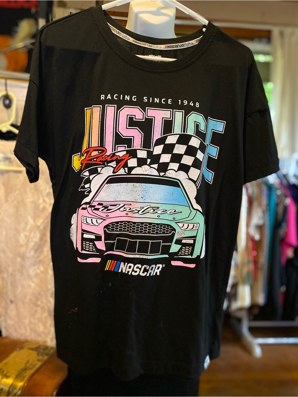 Nascar X Justice Black Tee with Pink, Teal & Yellow Racing Graphic